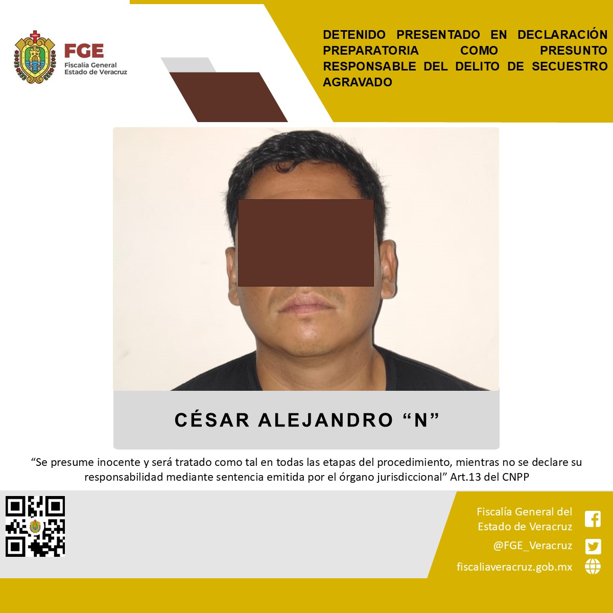 Detenido presentado en declaración preparatoria como presunto responsable del delito de secuestro agravado
