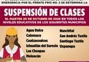 Continua suspensión de clases en 10 municipios en el sur de Veracruz